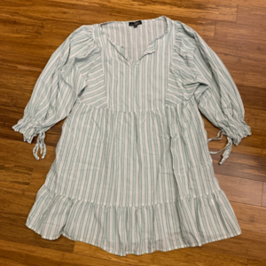 Suzanne Betro Striped Mini Dress Womens Size Large Green White Tie Sleeve Casual